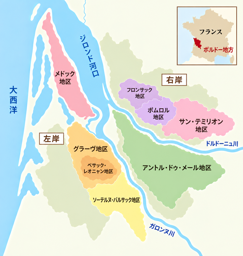 ボルドーワインの主な産地を示した地図